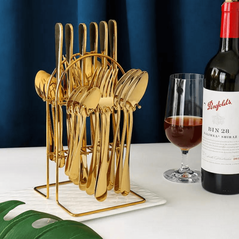 Golden Cutlery Set With Holder.