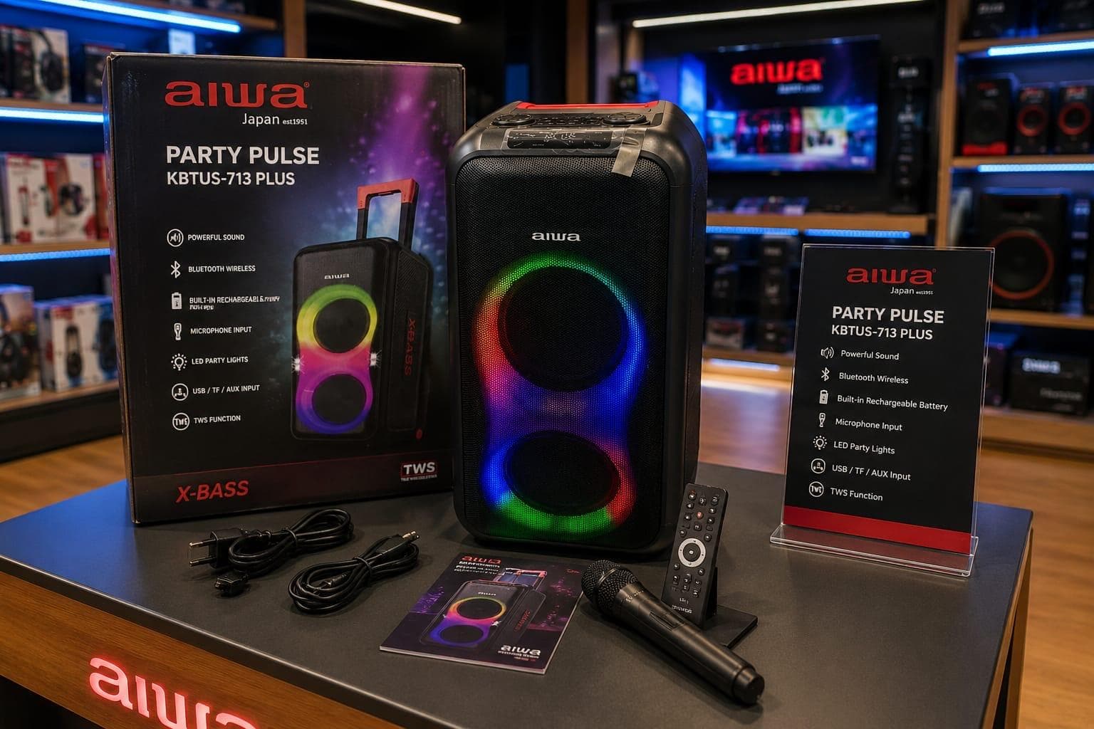 Aiwa Party Pulse X13 Plus is a high-power, portable partybox speaker delivering 400 Watts of peak audio power.