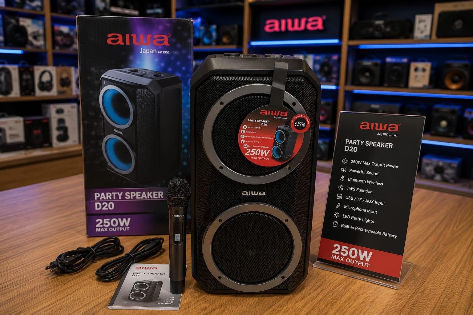 AIWA Party Box D20 is a highly versatile, portable Bluetooth party speaker delivering 250 Watts of maximum output sound