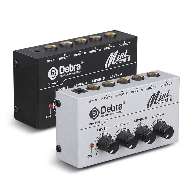 DH-400 Sound Mixer Ultra-compact Low Noise 4 Channels Line Mono Audio Mixer with Power Adapter