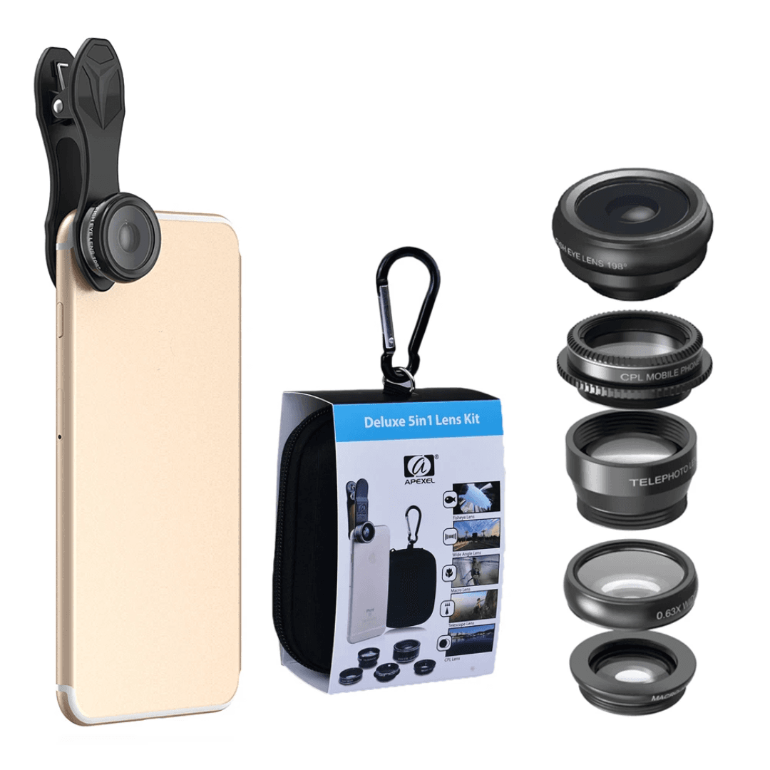 APEXEL 5-in-1 Camera Lens Kit with Fish Eye, Macro, Wide Angle & 2x Telephoto Lens with CPL Filter