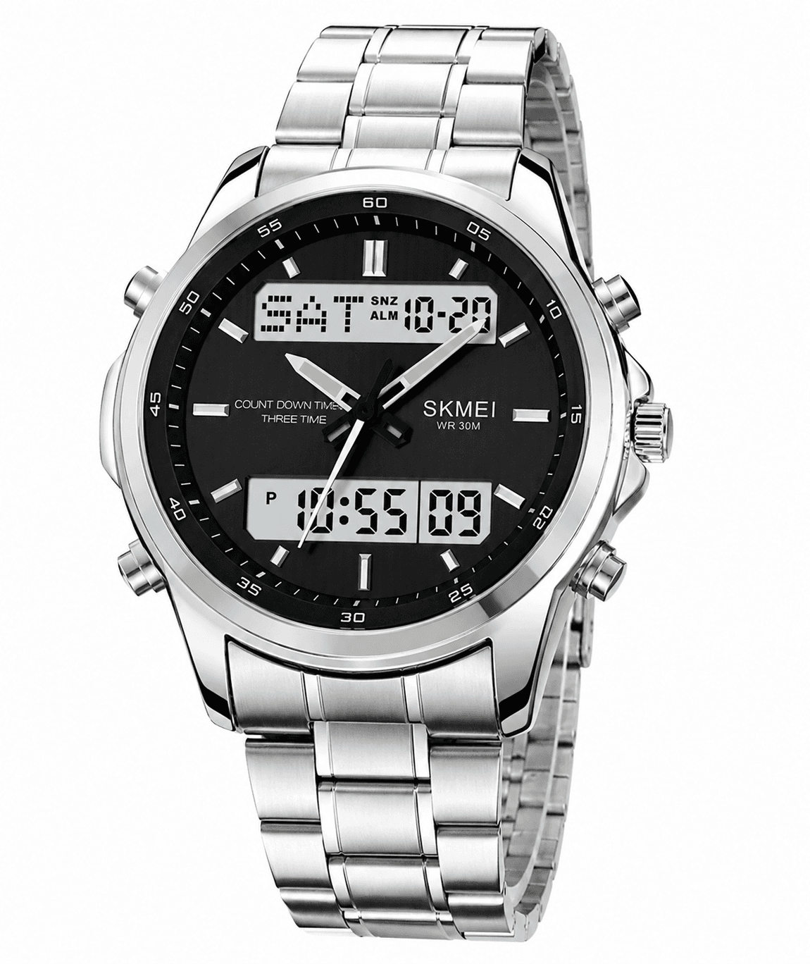 SKMEI 2049 Luxury Analog-Digital Stainless Steel Sports Watch for Men – Waterproof LED Dual Display Wrist Watch with Alarm, Stopwatch & Calendar
