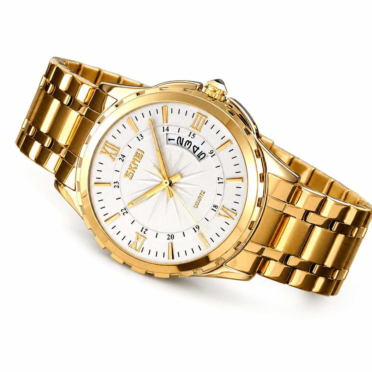 SKMEI 9069 Quartz Wrist Watch Luxury Gold Stainless Steel With Day & Date Display For Men & Women