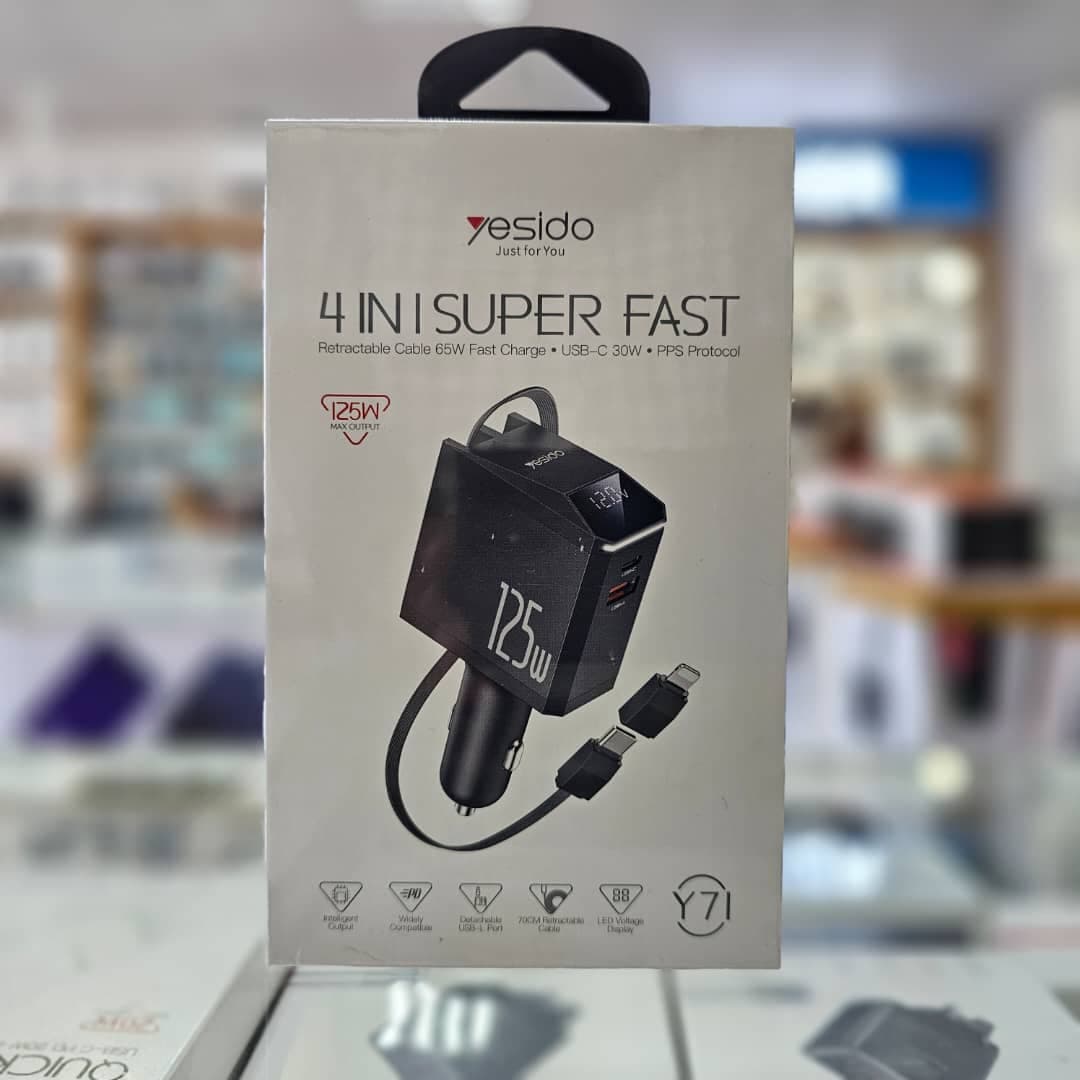YESIDO Y71 125W Ultra-Fast Car Charger with Retractable Cable – Multi-Port USB-A and Type-C Charger for iPhone and Android