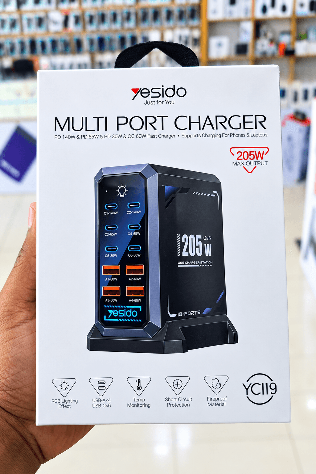 YESIDO YC119 205W GaN 10 Port Desktop Charger 6 USB C 4 USB A Fast Charging Station